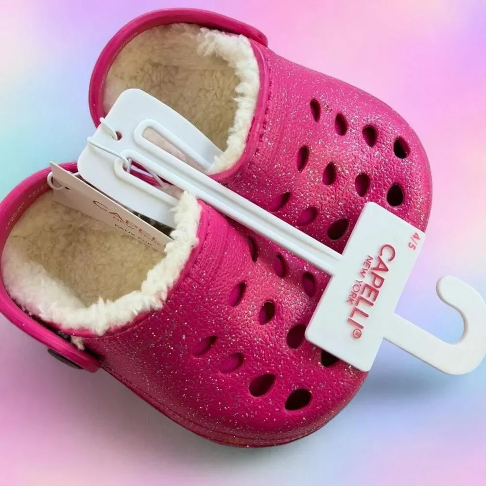 Capelli of New York Kids' Hot Pink Glitter Clog with Sherpa
